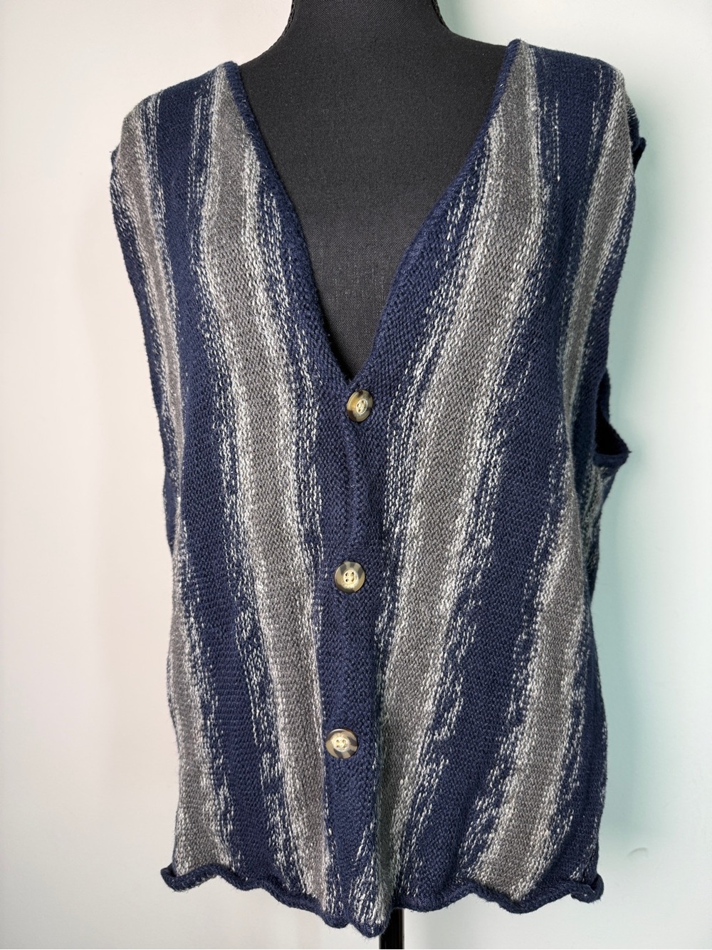 Vintage Ramie Cotton Sweater Vest Gray Navy Striped Sz L 90s